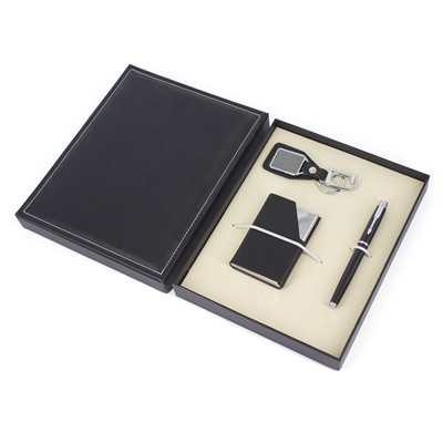 Bộ quà tặng 3 sản phẩm da: hộp đựng name card – bút dạ bi – móc khóa