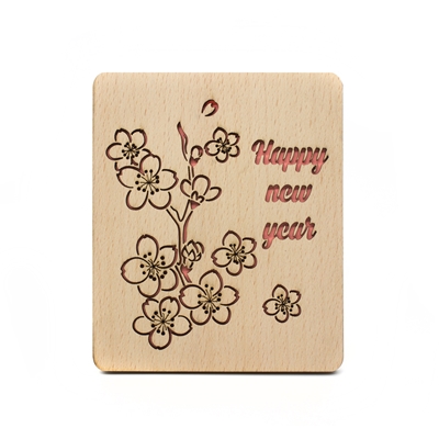 Thiệp gỗ Happy new year cắt CNC họa tiết hoa đào